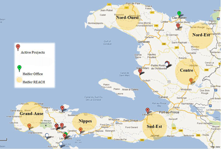 The western end of Haiti's southern peninsula was hit the hardest by Hurricane Matthew. Map of Haiti and Heifer projects there.