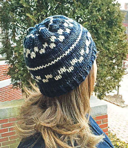 Clara's Hat is perfect for knitters who are looking for an easy, yet fun, project that knits up quickly. A person's head viewed from the back wearing Clara's Hat.